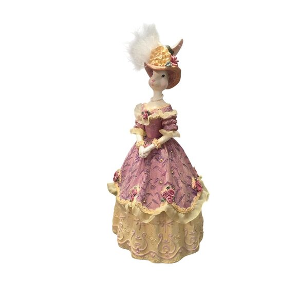 Vintage Victorian-Style Bunny Figurine In Pink Dress With Hat & Feathers - Picture 3 of 10
